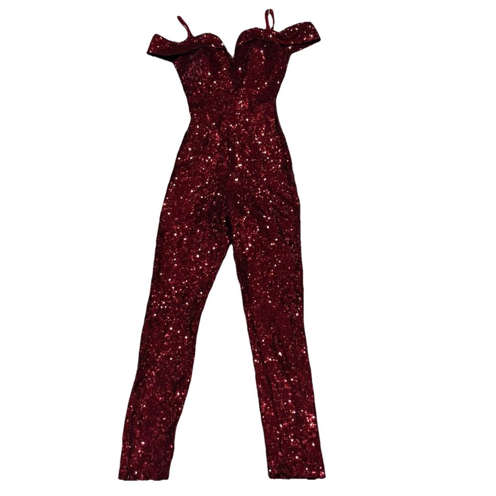 B. SMART Burgundy Sequin Prom Jumpsuit Off-The-Shoulder Sweetheart Gala Size 3/4